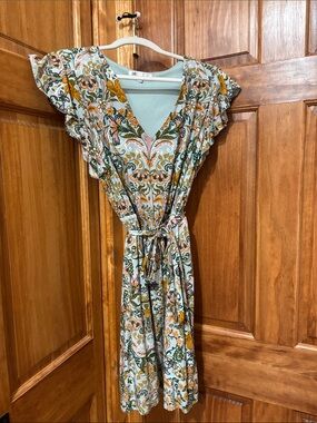 DR2 Mint Green Floral Paisley Tie-Waist Midi Dress with Mustard & Pink Accents